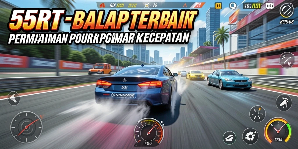 Tangkapan layar utama 55RT menampilkan momen balap yang mendebarkan.