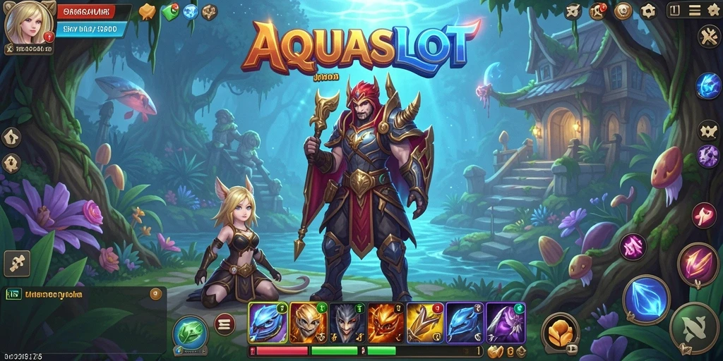 Screenshot utama AQUASLOT menampilkan aksi pertarungan seru dalam dunia MMORPG.