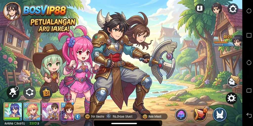 Screenshot gameplay BOSVIP88 menampilkan aksi karakter Anime yang berwarna-warni.