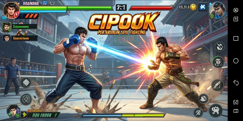 Screenshot utama CIPOK yang menunjukkan aksi bertarung yang mendebarkan.