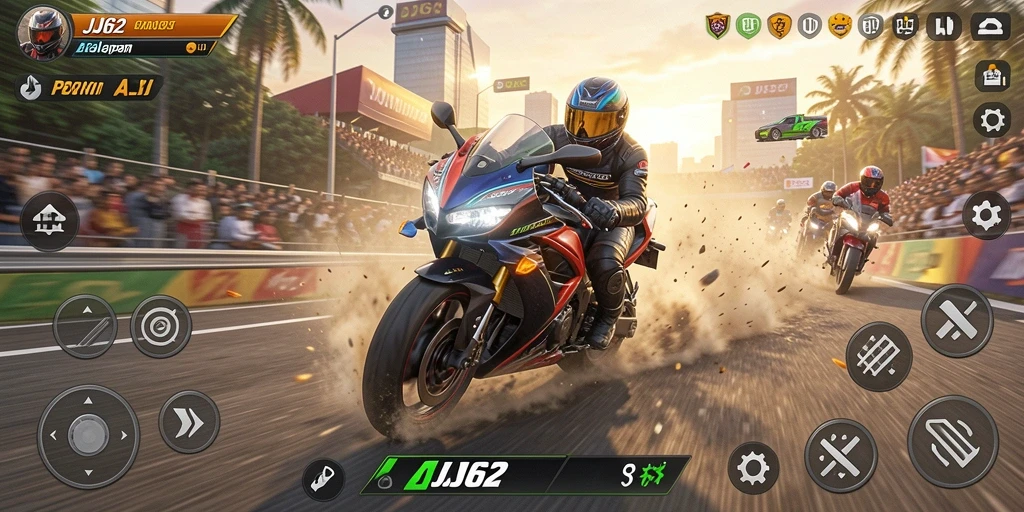 Gameplay mendebarkan dalam balapan motor di JJ62.