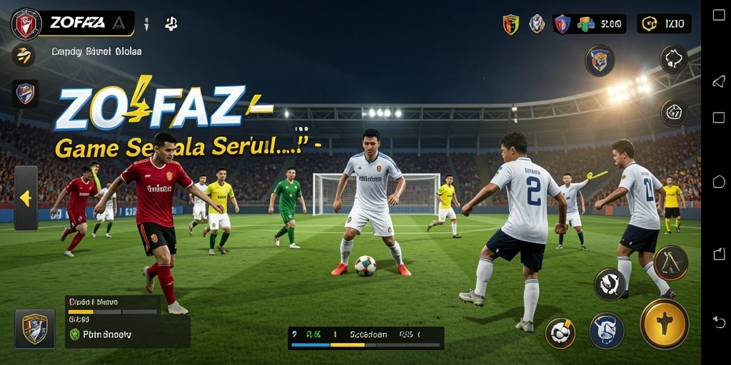 Tangkapan layar utama ZOFAZA menampilkan aksi seru di lapangan sepak bola.